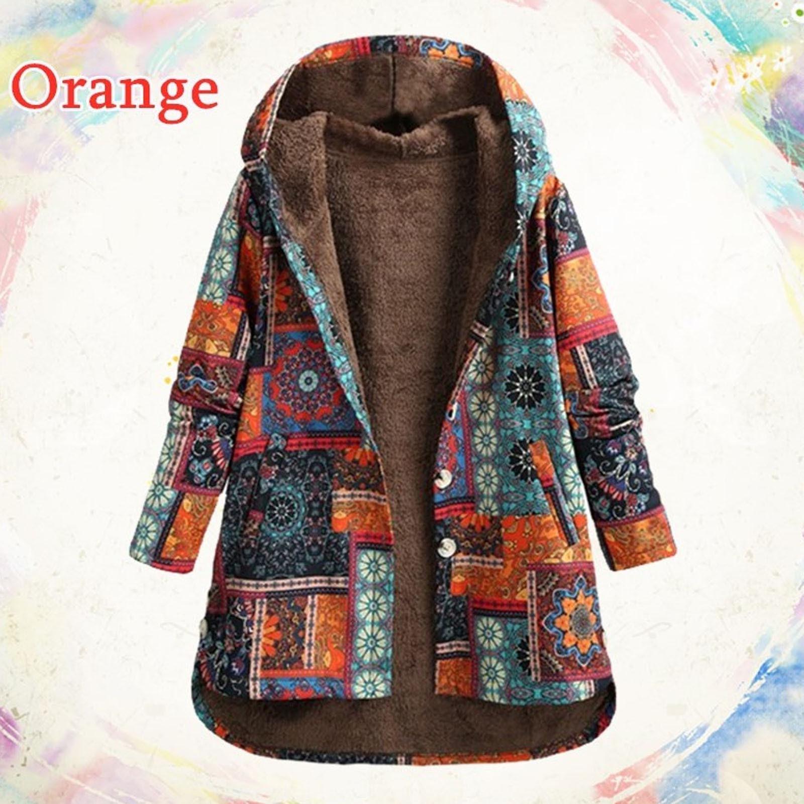 

Женская зимняя теплая верхняя одежда с принтом и карманами с капюшоном Винтажное пальто большого размера XL оранжевый
