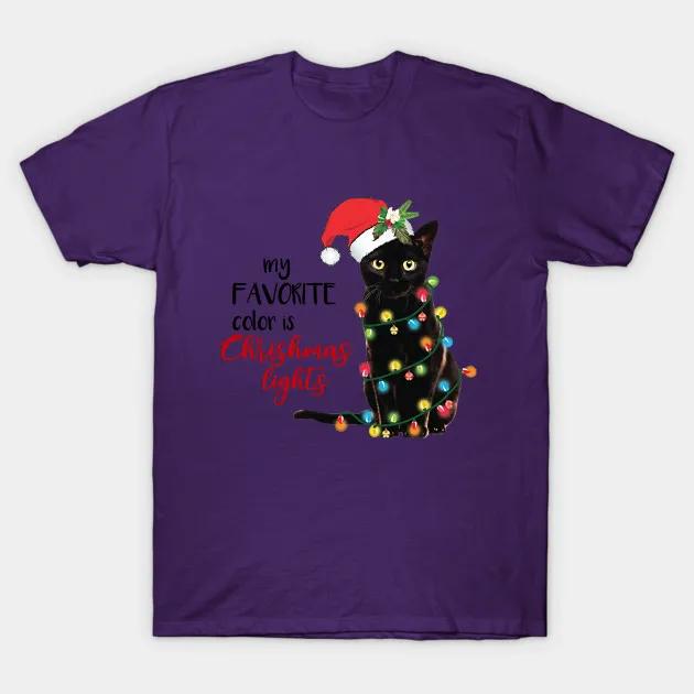 Funny Christmas Lights Black Cat Xmas Gift T Shirt New 100 Cotton Short Sleeve ONeck Tshirt Casual Unisexs Top