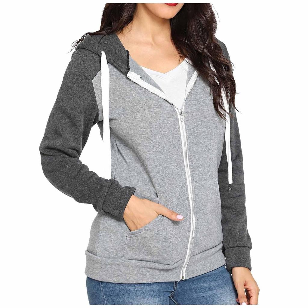 Women Zip Long Sleeve Sport Casual Slim Basic Zip Up Hooded Pocket Jacket Coat