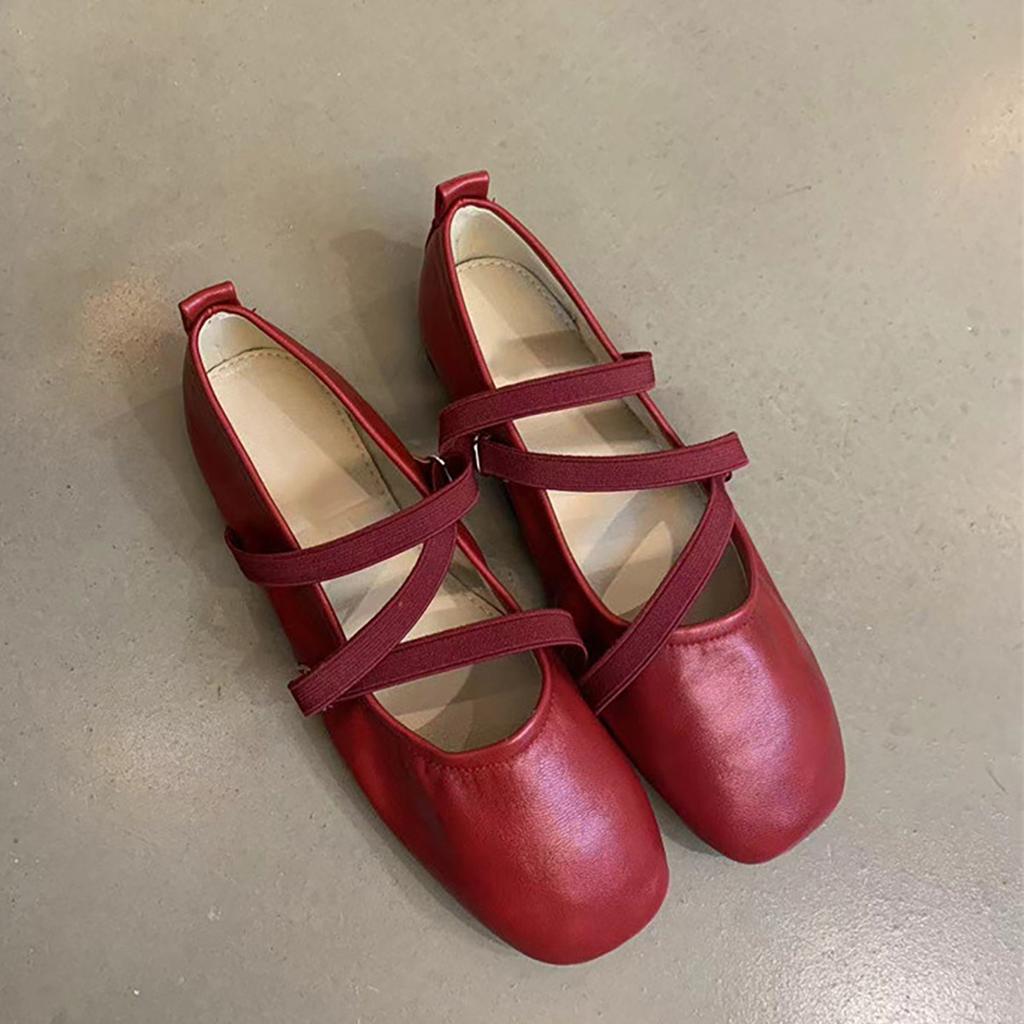 Sheepskin version~ French cross-strapped red Mary Jane shoes flat single shoes women's shallow mouth evening wind fairy ballet shoes