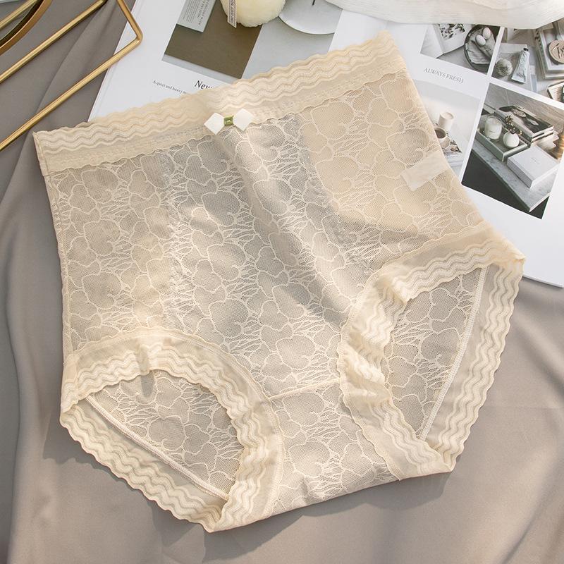 Ladies Spring and Summer New Sexy Lace Pure Color Abdominal Warm Antibacterial Cotton Crotch High Waist Triangle Briefs
