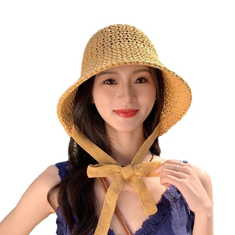 Summer solid color strap bucket hat knitted versatile breathable hat women's sunscreen sunshade seaside bucket hat