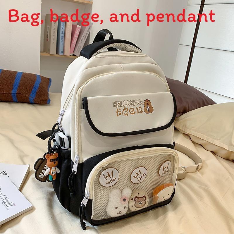 Capybara Color Blocked Letter Print Student Backpack With Pendant Badge And