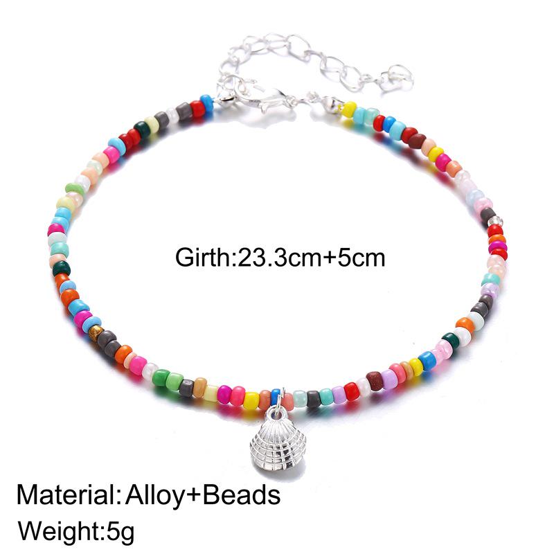 Bohemian Colorful Beaded Anklet with Retro Alloy Scallop Pendant