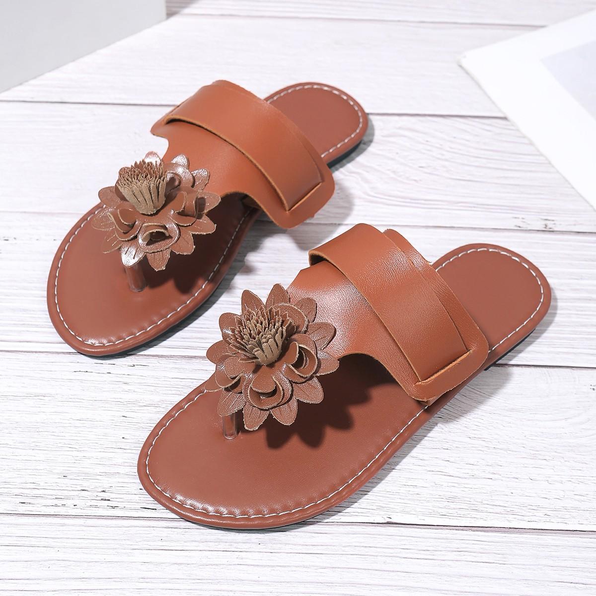 

Шлепанцы большого размера женские плоские шлепанцы летние новые с цветами модные для дома и улицы повседневные пляжные шлепанцы женские 35 темно-коричневого