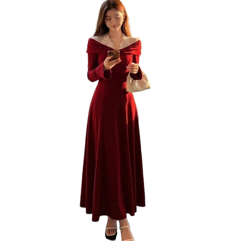 Women's Retro Cross Lace Patchwork V-Neck A-Line Dress - Autumn Winter Slim High-Waisted Design