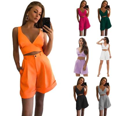 Spring Summer Ladies Solid Color Two Piece Tube Top High Waist Shorts