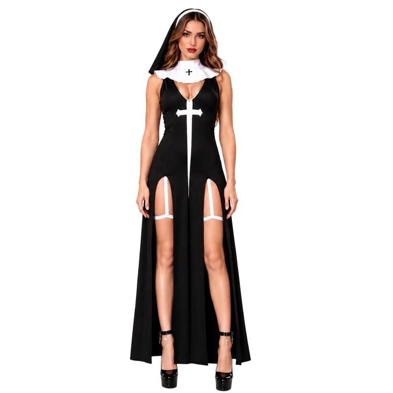 Halloween Nun Costume Women Adult Cosplay Outfit Sexy Stage Performance Dress Set