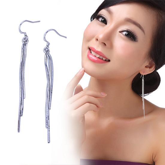 Women's Slim Tassel Hook Earrings Silver Plated Pendant Eardrop Wedding Jewelry
