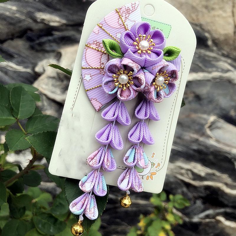 Japanese Kimono Fabric Flower Folding Fan Children Hair Accessories Clip Tassel Headwear Headdress Barrette