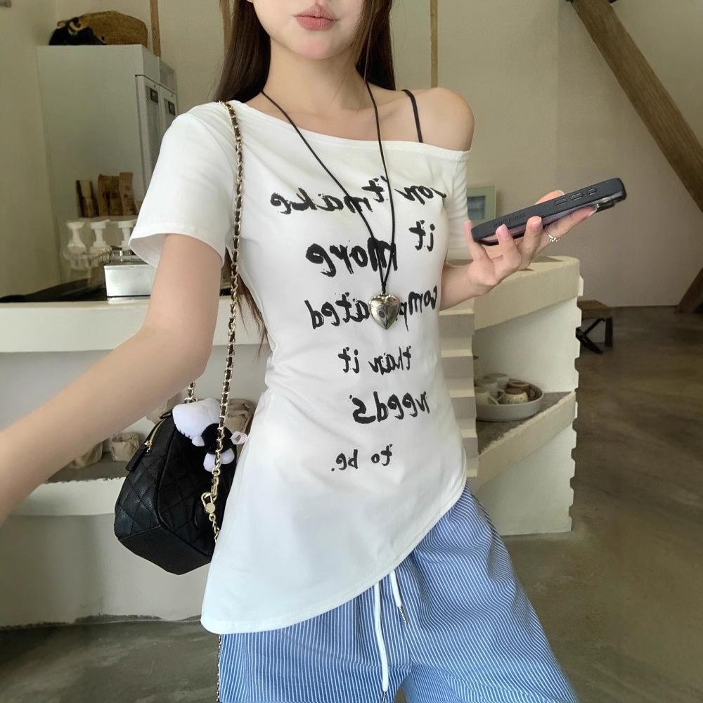 American Spicy Girl Off-Shoulder Short-Sleeve Letter Print T-Shirt - Women's Summer Bodycon Waist-Hugging Unique Design Top