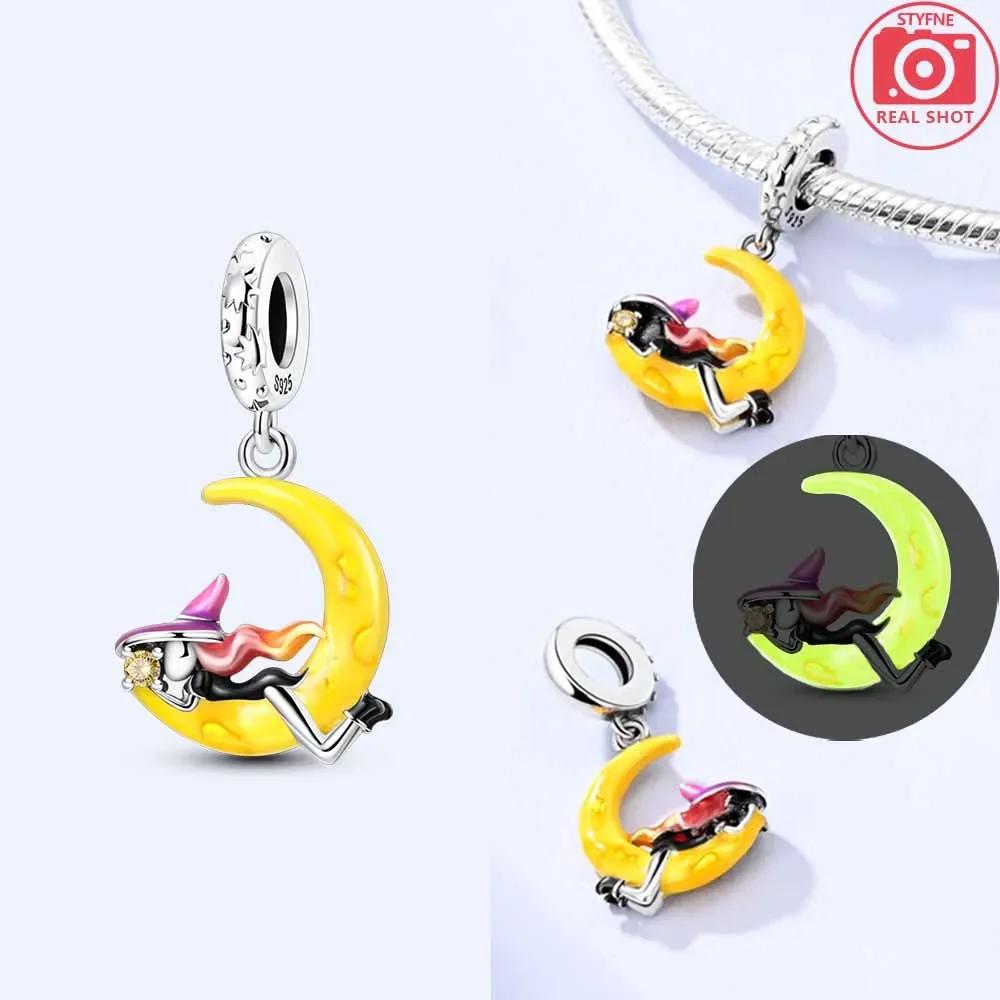 Glowing Witch Moon Magic Hat Cat Bead Charms Charm Bead Charms Authentic Copper for Bracelets Ladys Gift Jewellery Bag Charm Pendant Diy