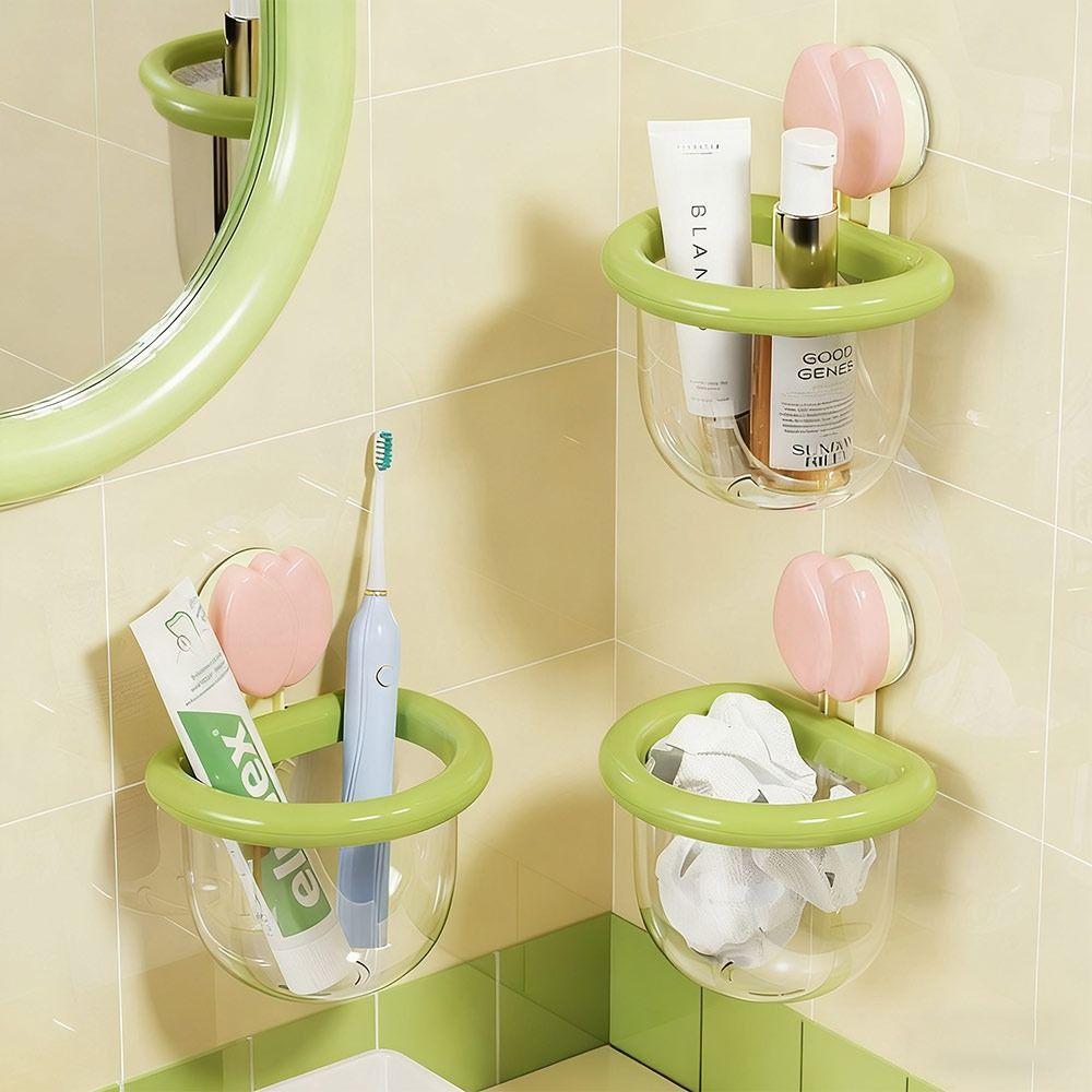 Dopamine Suction Cup Storage Basket Tulip Shape Punch-free Toothbrush Holder Wall Mounted Self-draining Face Towel Storage Box