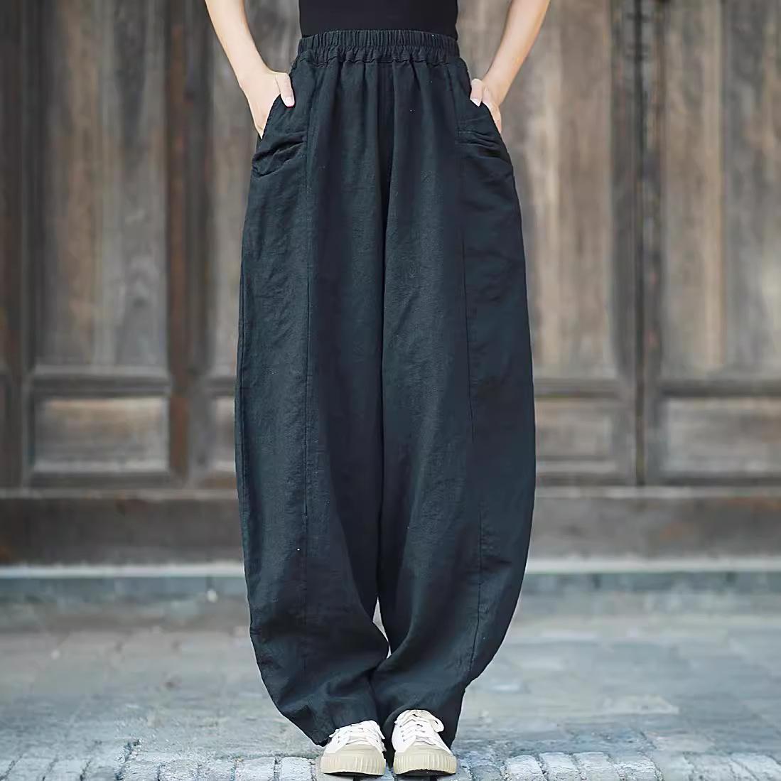 

Johnature женские осенние свободные брюки с эластичной резинкой на талии модные повседневные ретро винтажные однотонные брюки One Size чёрный