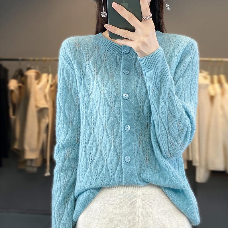 2023 Women's Retro Loose Round Neck Hollow Pure Wool Cardigan Sweater Knit - Early Autumn