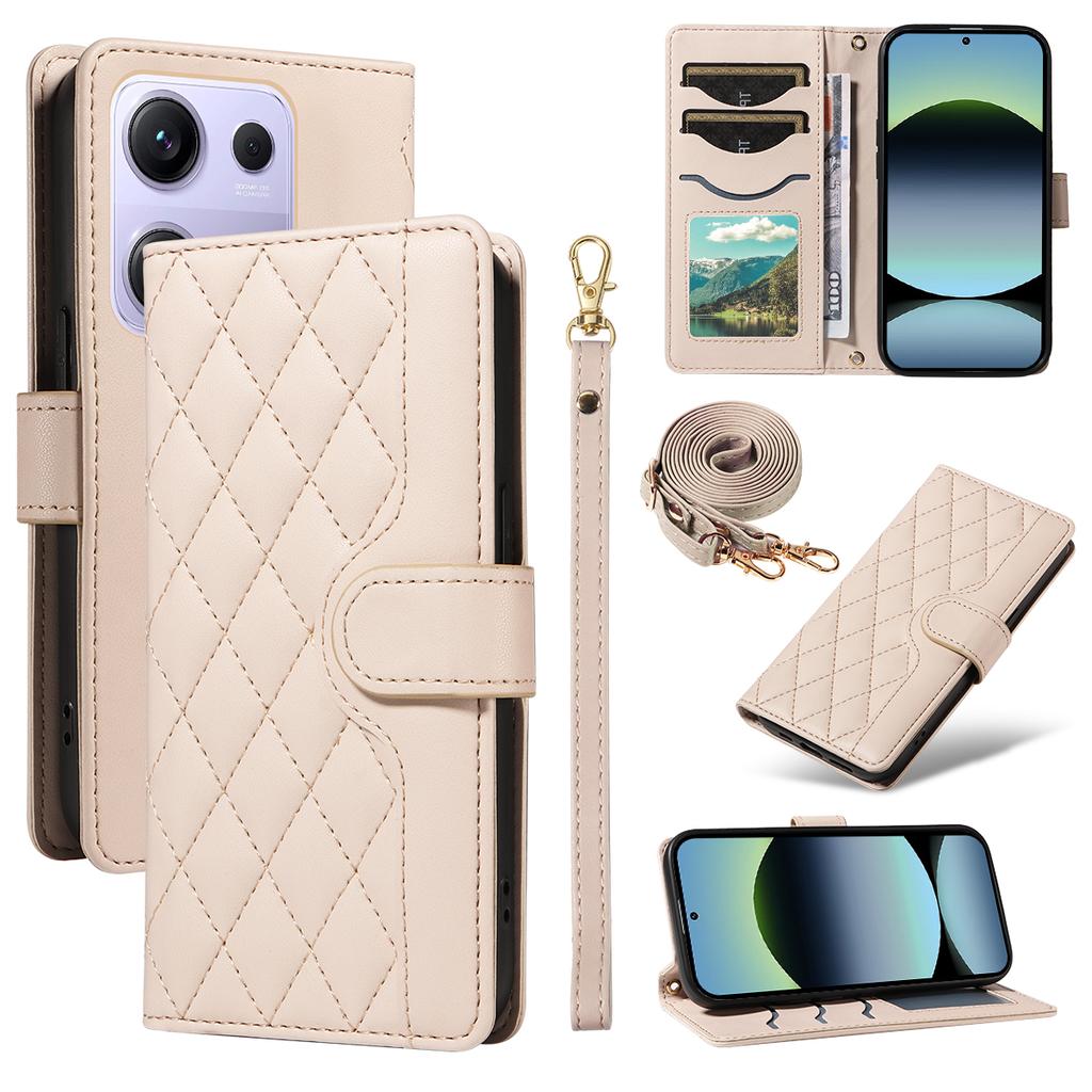 For Xiaomi Redmi Note 14S 4G/Xiaomi Poco M6 Pro 4G/Xiaomi Redmi Note 13 Pro 4G Wallet Case Rhombus Leather Phone Cover with Strap