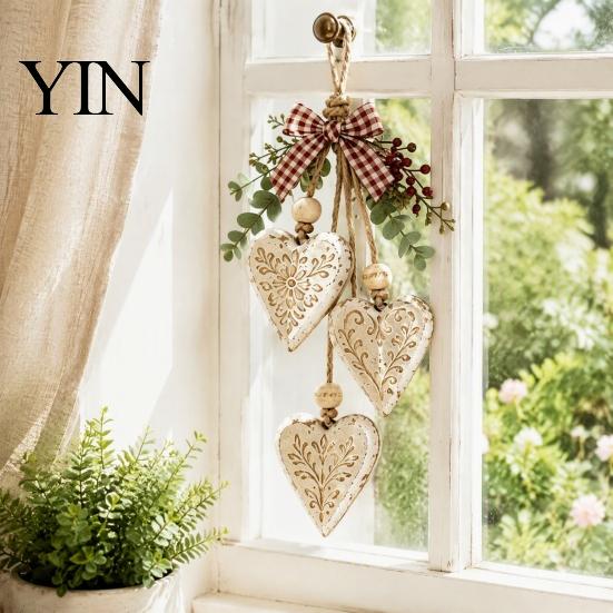 Wooden Bead Wall Hanging Heart-Shaped Decorative Ornaments with LED Light, Rustic Farmhouse Heart Pendant Decor Vintage Beads & Jute Rope for