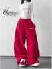 2026 Fall/Winter Red High-Waisted Wide-Leg Women's Sweatpants - Slimming, Casual, Sporty, with Drawstring, Long and Loose Fit.