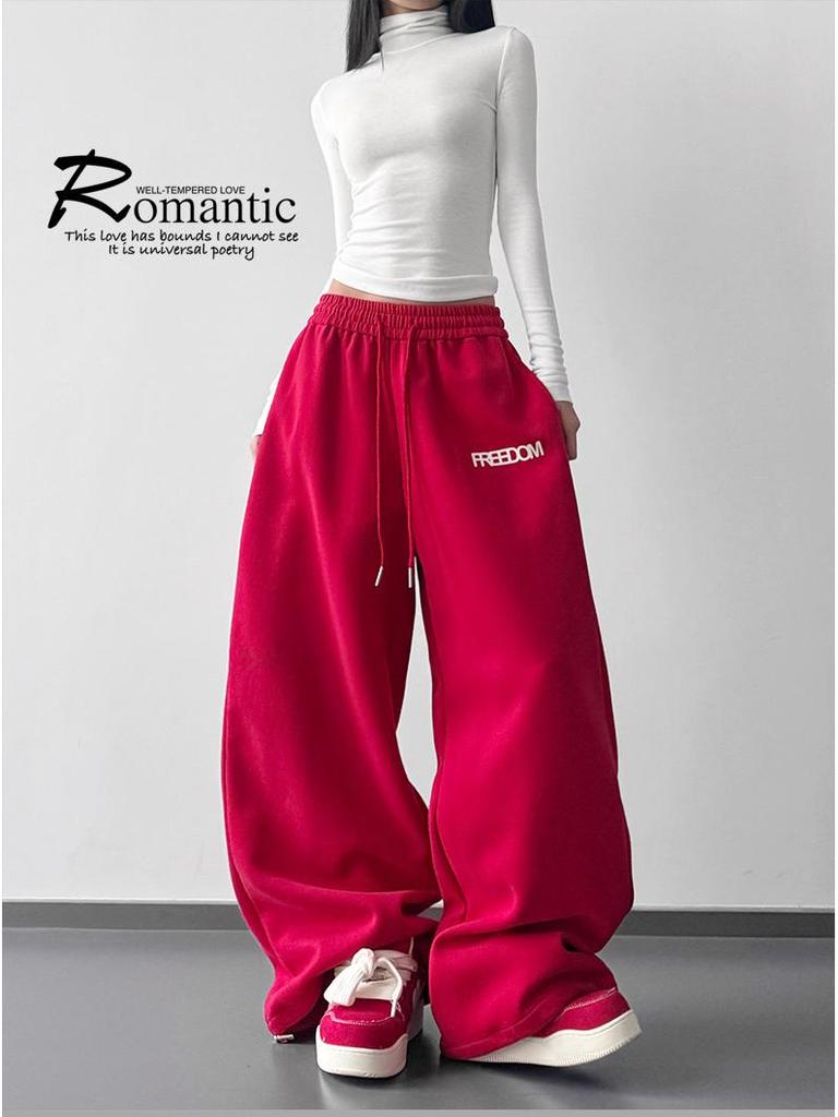 2026 Fall/Winter Red High-Waisted Wide-Leg Women's Sweatpants - Slimming, Casual, Sporty, with Drawstring, Long and Loose Fit.