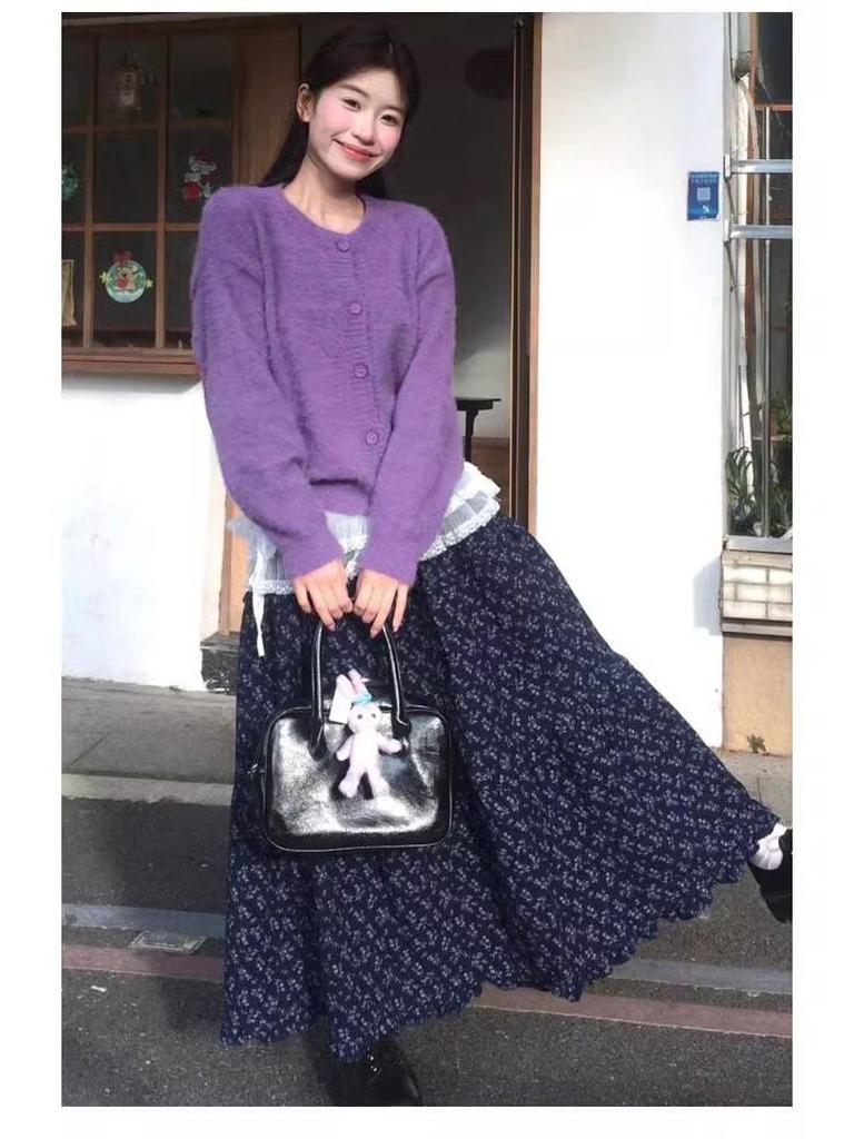 Koreanischer Retro-Maxirock mit Blumendruck – Hoher Bund A-Linie für Frühling und Sommer Damenmode