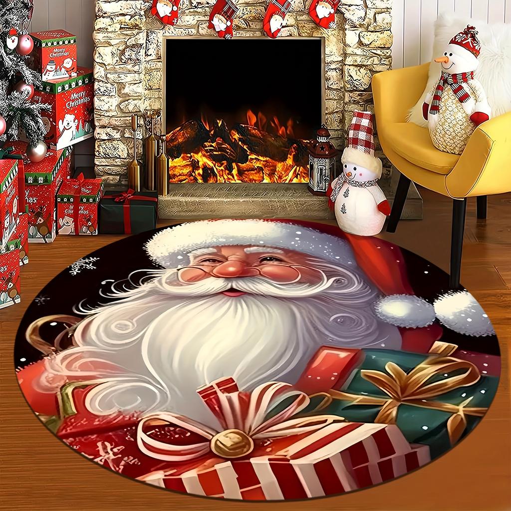 1ks Santa a dárky Vánoční potisk Kulatý koberec do interiéru Protiskluzový Pratelný Vláknový koberec Měkká Pohodlná Podložka Do Ložnice Obývacího Pokoje