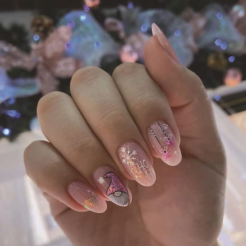24Pcs Christmas Press on Nails Square French Tip Fake Nails Silver Glitter Nail Design Full Cover False Nails Snowflake Glue on Nails Cute Acrylic