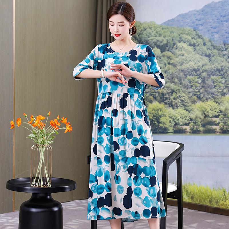 Women's Round Neck Five-Point Sleeve A-Line Floral Print Midi Dress Loose Casual Vintage Style Summer Daily Mom Long Dress