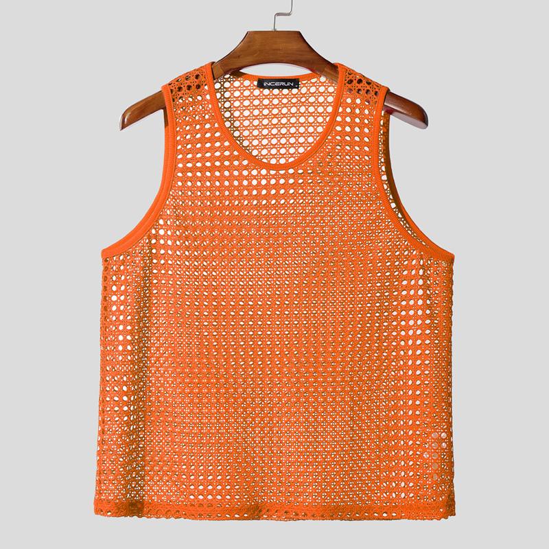 

INCERUN Men Crew Neck Sleeveless Hollow Out Casual Beach Tank Tops