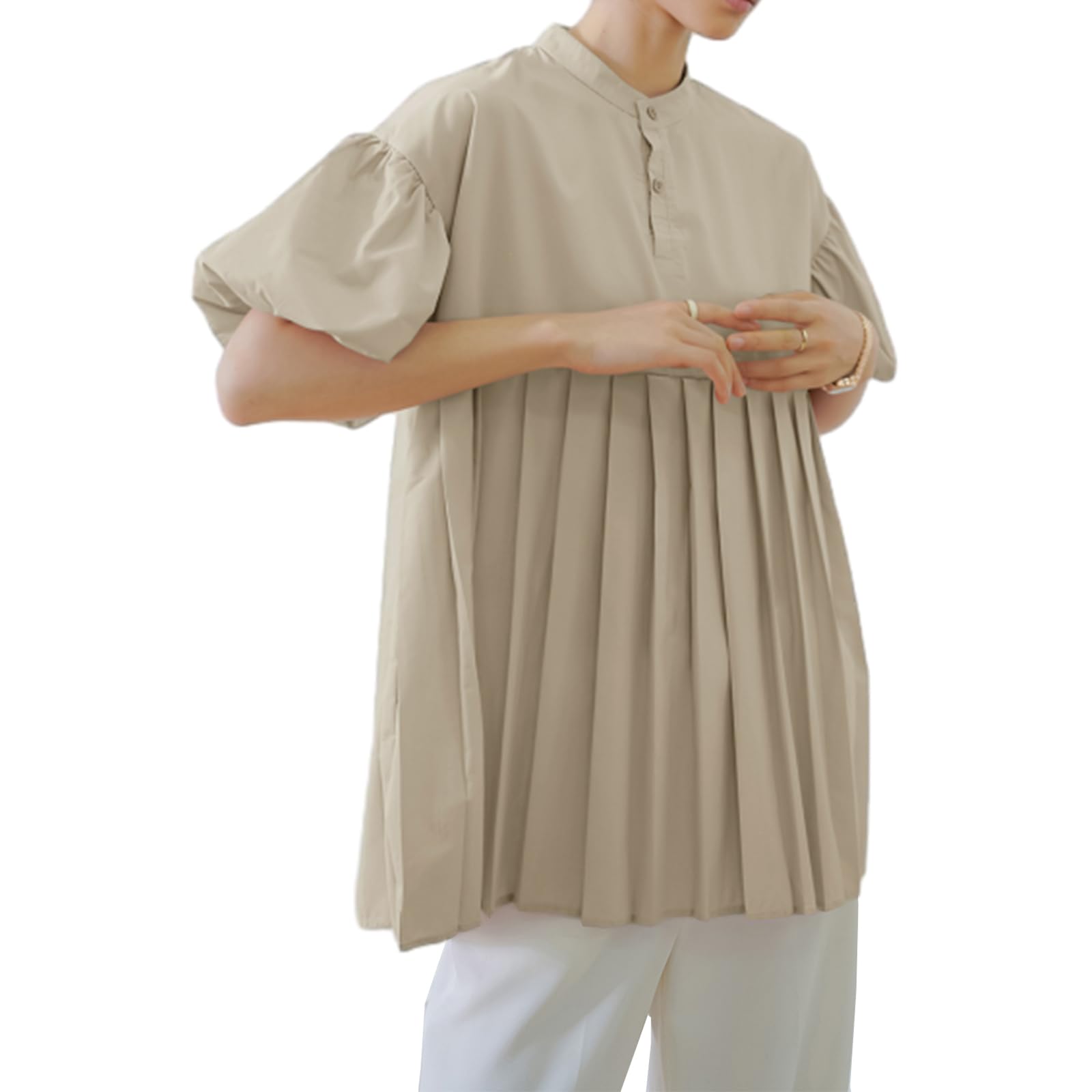 

Puff Sleeve Pleated Cute Loose Stand Short [CCGGOWMM] Women s Blouse, Top, T-Shirt, Fit, Collar, Sleeves, Figure-Flattering, Slimming, Gathered,