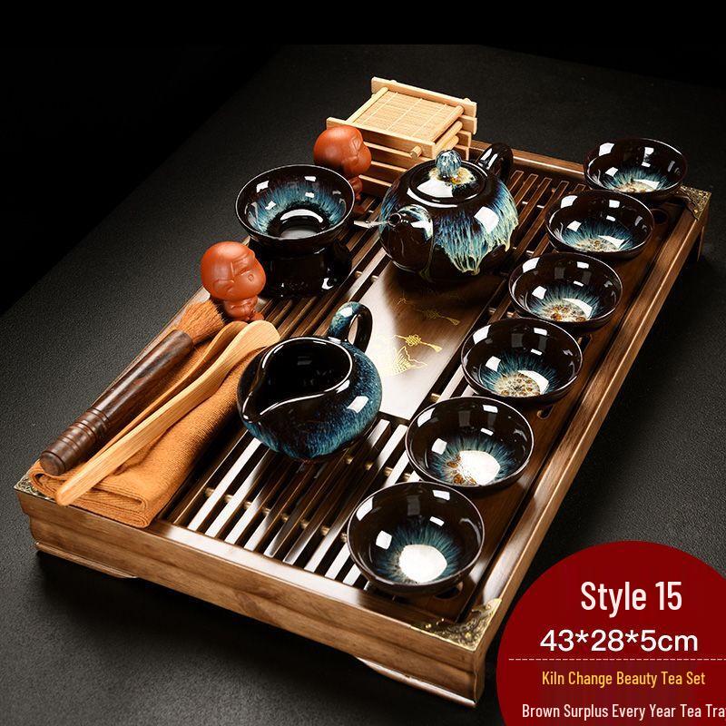 

Zisha Ceramic Kung Fu Tea Set with Solid Wood Drainage Tray