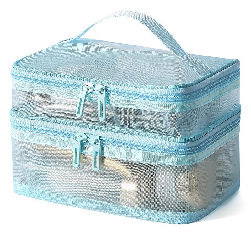 Breathable Mesh Cosmetic Bag Large Capacity Double Layer Anti-scratch Makeup Organizer for Business Trip Daily Travel
