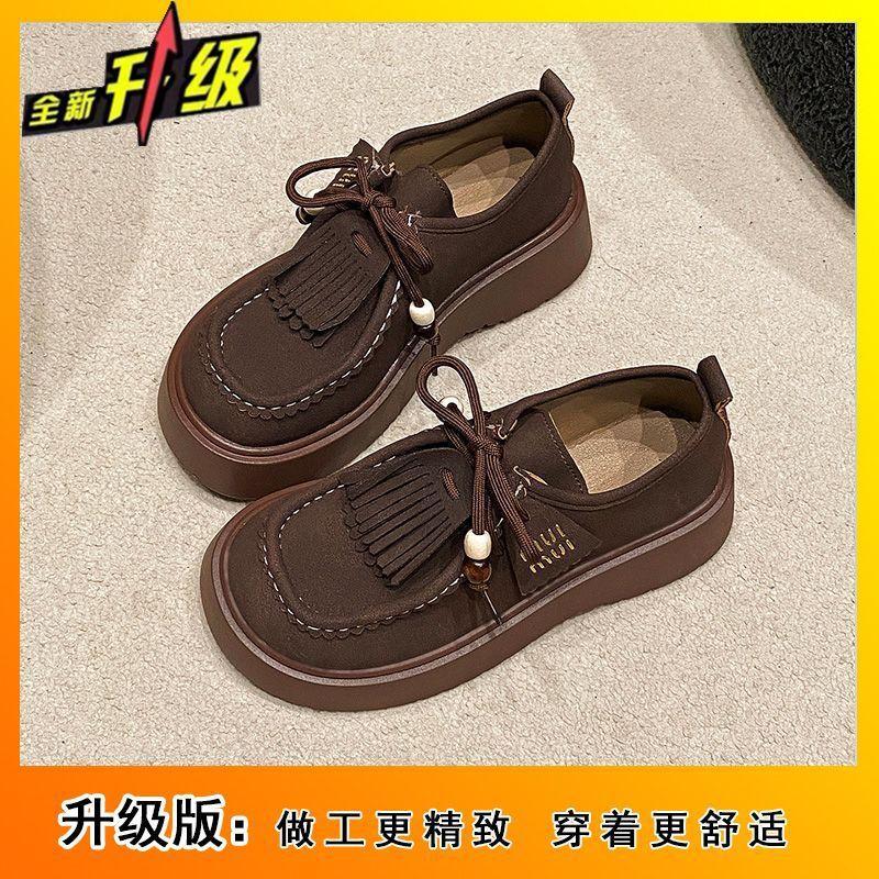 Versatile casual round head lace-up single shoes women's spring and summer new heightened platform muffin fringed Birken women's shoes