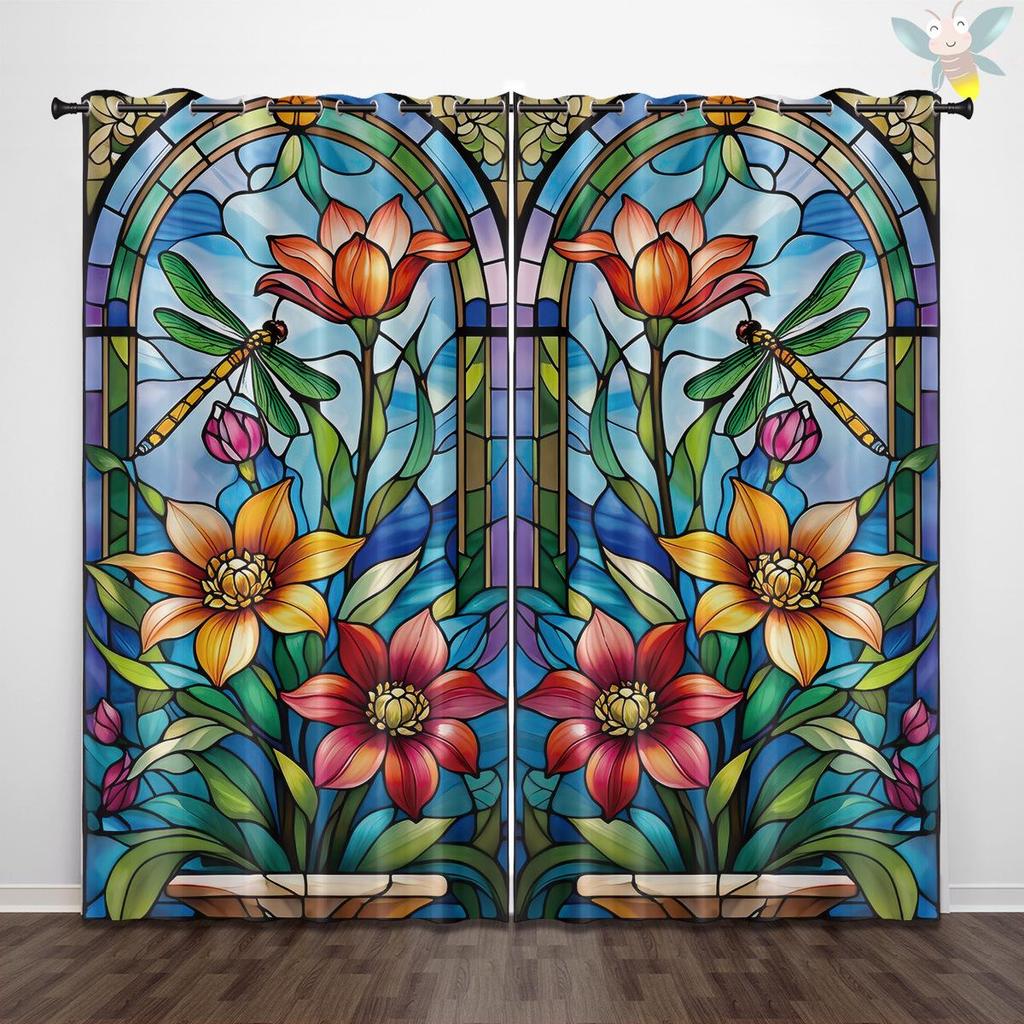 Dragonfly Pattern Glass Painted Blackout Curtains - Thickened Polyester, High Precision Sun Protection