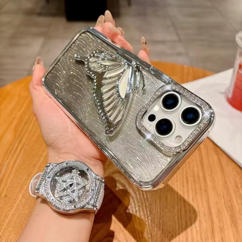 Luxury Bling Butterfly Bracket Transparent Case For iPhone 16 Plus 15 14 13 12 Pro Max 11 Plating Shiny Gradient Diamond Cover