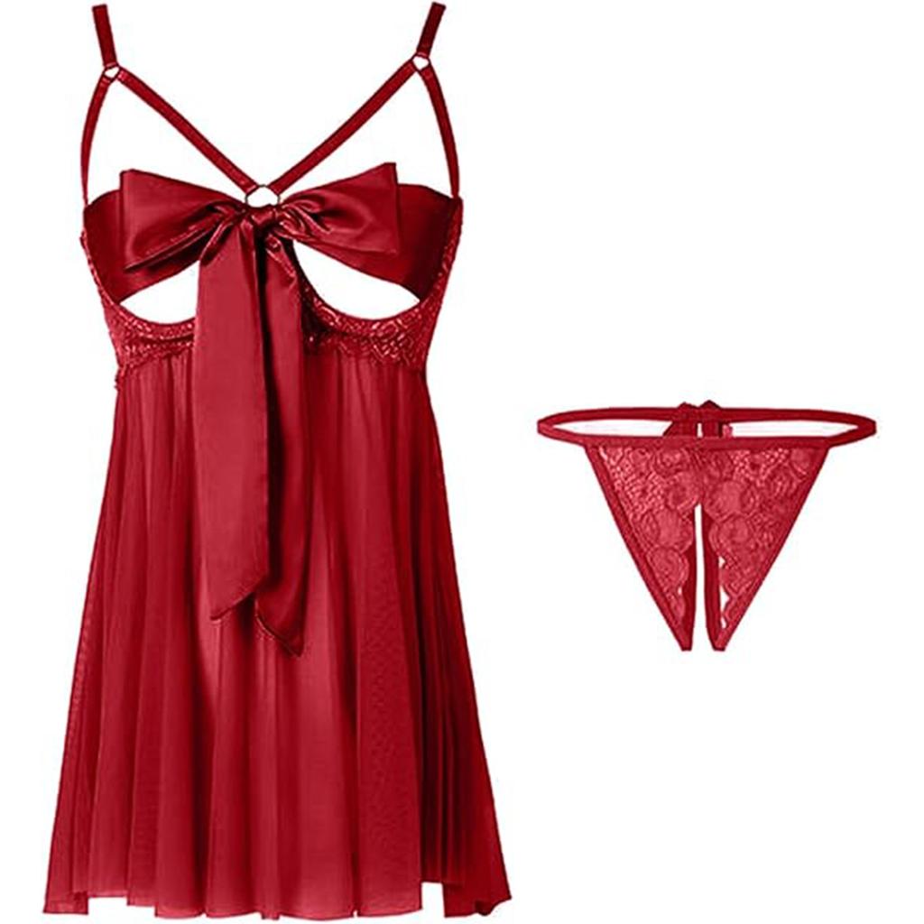 Damen Sexy Unterwäsche Spitze Nachthemd Set Mit Großer Schleife