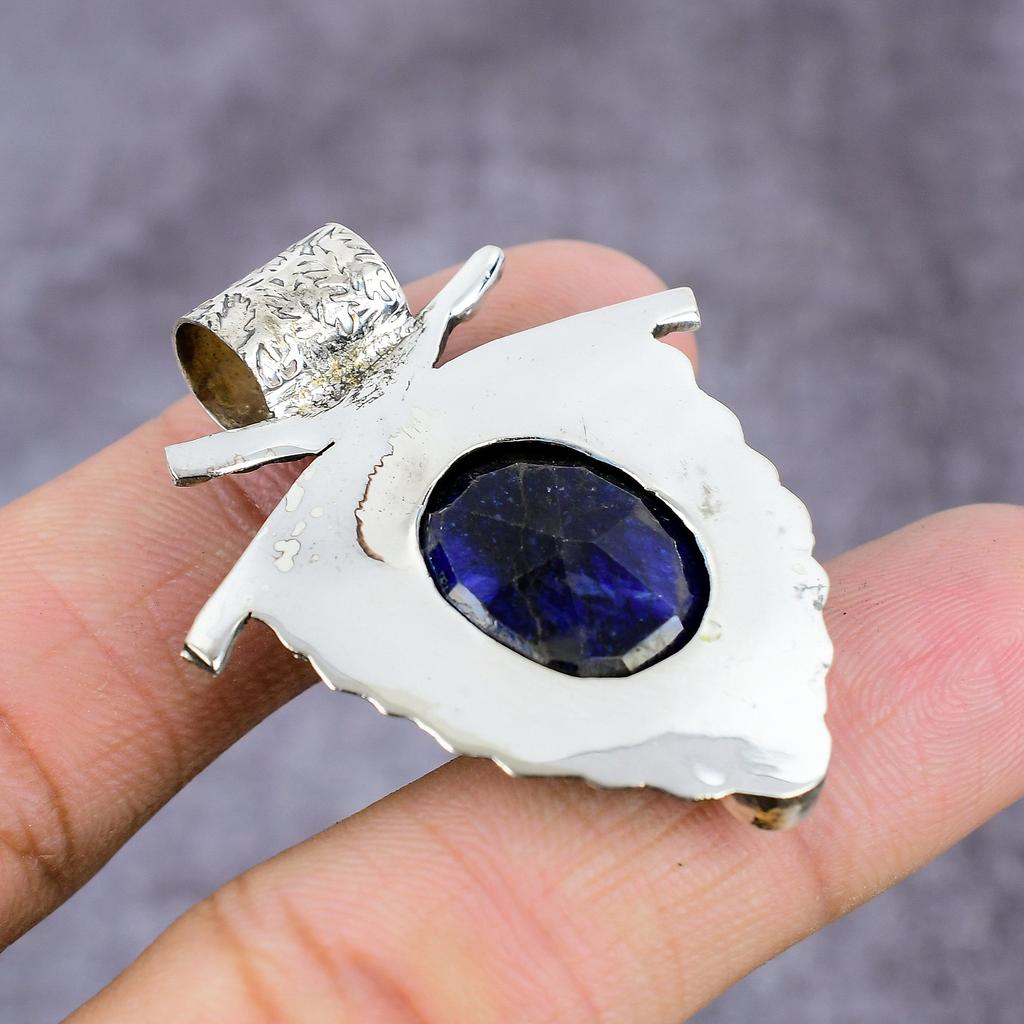 Natural Blue Jade, Blue Topaz Gemstone 925 Sterling Silver Pendant 2.22" ET-1459