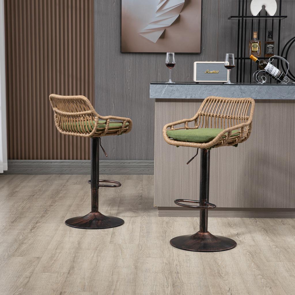 360-degree swivel, height-adjustable bar stools made of rattan, set of two modern bar stools, suitable for kitchens, dining rooms and bars. (Green)