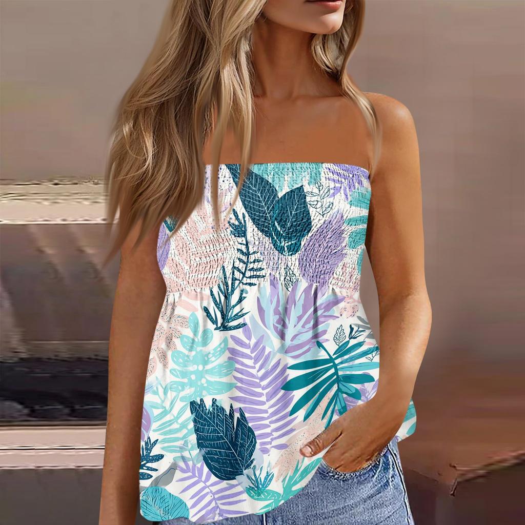 Women's Summer Fashion Strapless Top, Cute and Sexy Off-Shoulder Hawaiian Print Sleeveless T-Shirt