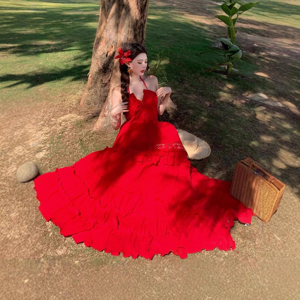 French Beach Dress Vacation Dress Long Dress Sexy Halter Fairy Summer Neck Sling Lace Cake Dress