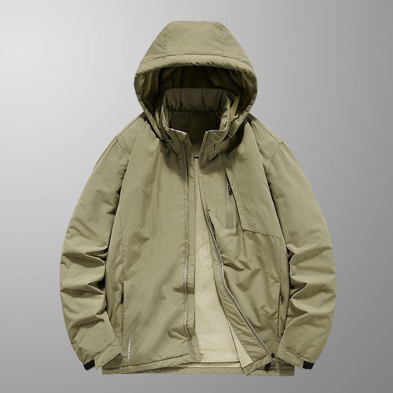 Men's Thin Plus Fleece Jacket, Waterproof Windproof Mountain-Style Outerwear with Detachable Hood for Spring & Autumn
