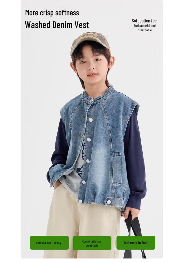 Boys' Korean Style Denim Outdoor Vest - Autumn 2026 Collection, Fashionable & Comfortable Children’s Waistcoat Jacket