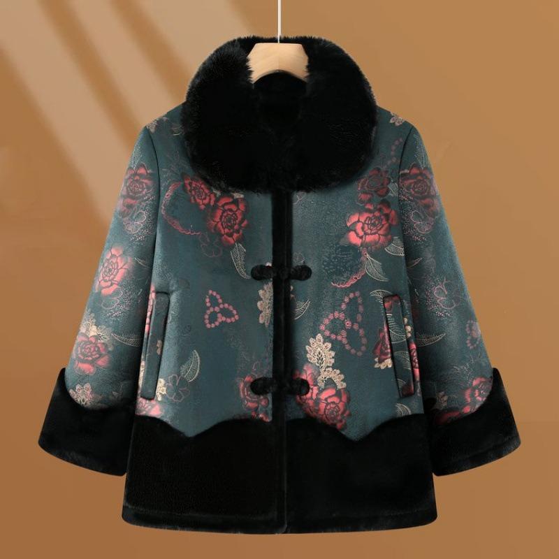 

Пальто зимнее для матери среднего возраста, пальто с воротником из искусственного меха, имитация меха, цельное, бабушкино, осенне-зимняя одежда 6XL [Recommended 160-82.5kg] зелёный