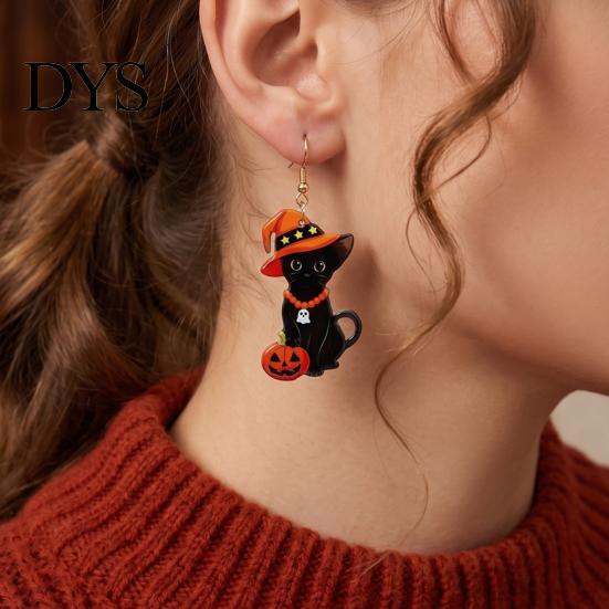 Charming Holiday Gift for Friends 1 Pair Halloween Black Cat Acrylic Earrings Women, Cute Decorative Costume Jewelry Parties with Wizard Hat