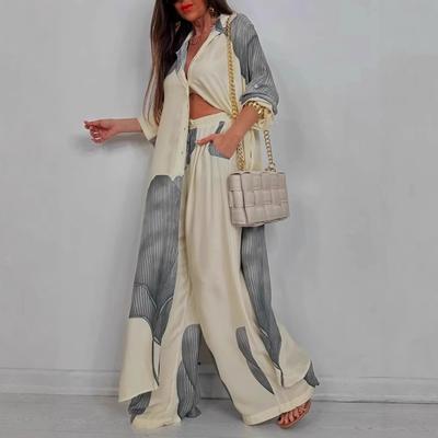 Fashion Loose Printed Long Sleeve 2-piece Set Women's Single-breasted Cardigan Robe Wide-leg Pants Casual Two-piece Outfit Woman