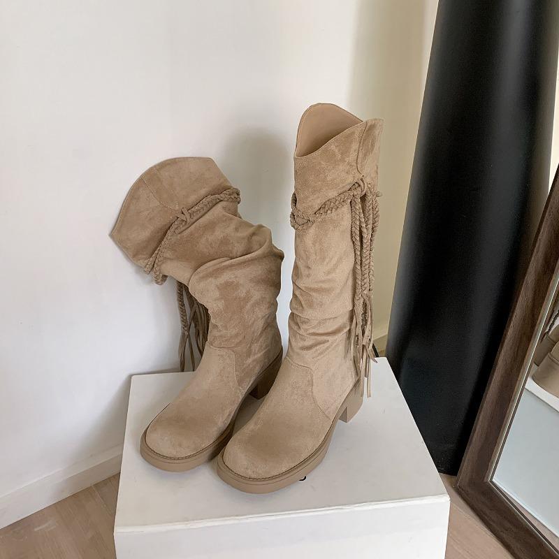 

Autumn and winter boots fringed thick heel medium and high boots western cowboy boots women s pile thin boots 35