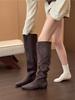 Coarse Heel Khaki Suede Tall Pile Knight Boots Women's Boots 2025 Autumn and Winter V-mouth Skinny Boots