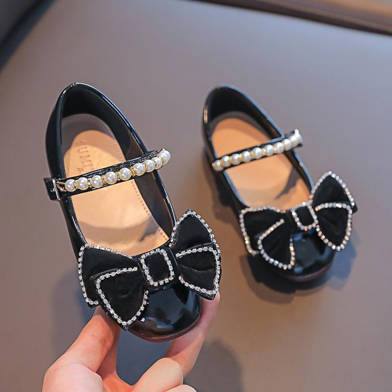 

Children s Mary Jane Shoes Girls Black Red Leather Shoes with Rhinestone Bow Fashion Versatile Unique Kids Non-slip Dress Flats 25 чёрный