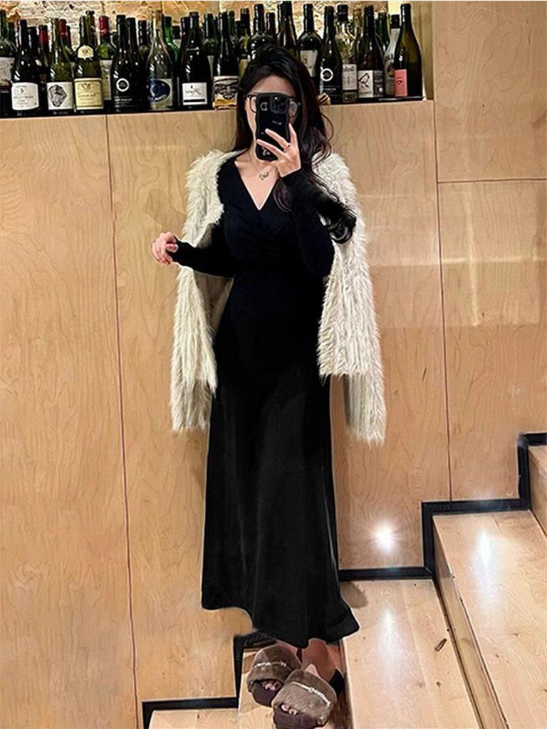 Damen Slim Fit Schwarzes Kleid mit Samt, Perfekt für Frühling und Sommer