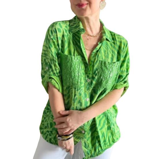 

Женская рубашка с длинным рукавом, лацканом, застежкой на пуговицы, шнурком, повседневным топом с нагрудными карманами, дышащая, удобная, повседневная одежда S зелёный