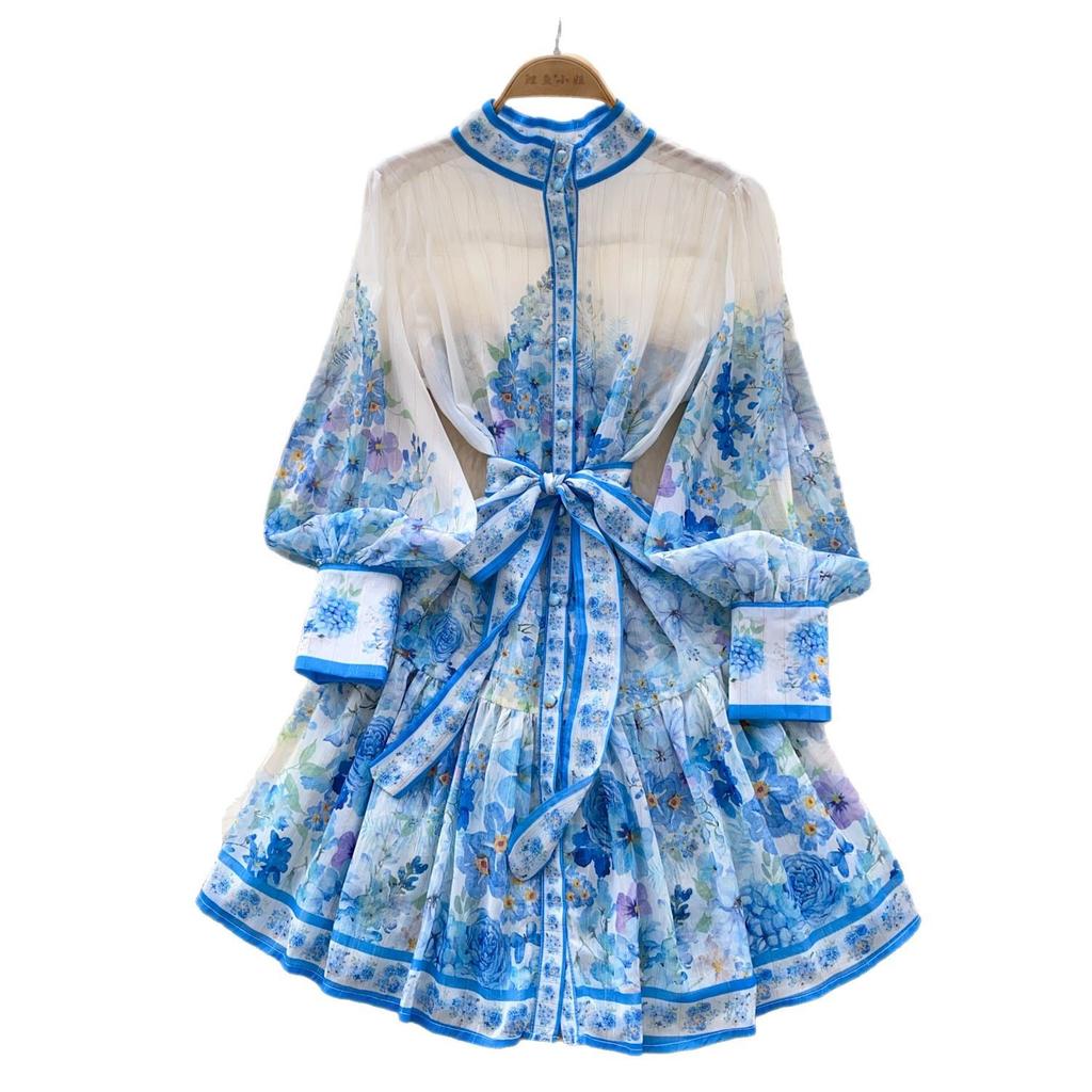 French spring new dress women's strap waist stand-up collar lantern sleeve single-breasted waist ruffle edge printed skirt